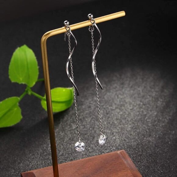 925 Sterling Silver Crystal CZ Single Chain Dangle Earrings with Stone * - Picture 3 of 4